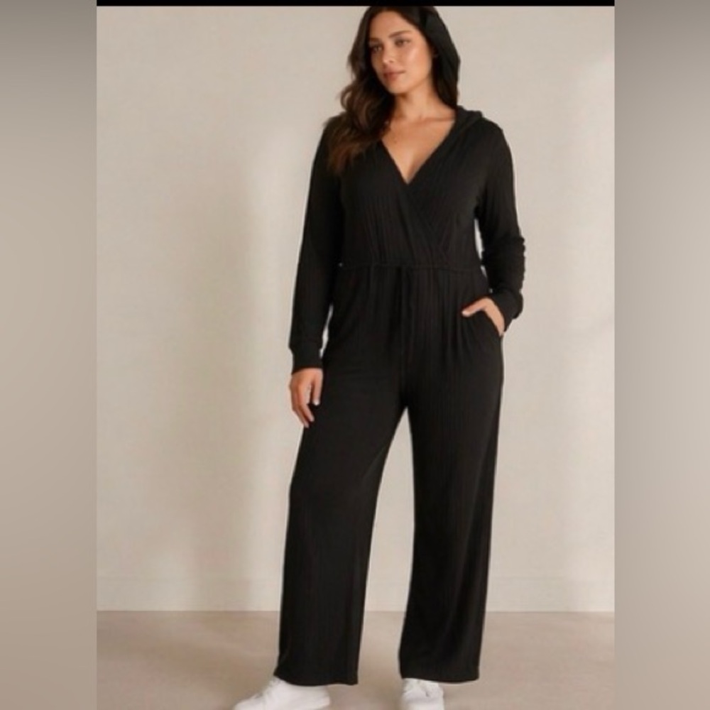 Black Long Sleeve Jumpsuit with Hood and Pockets